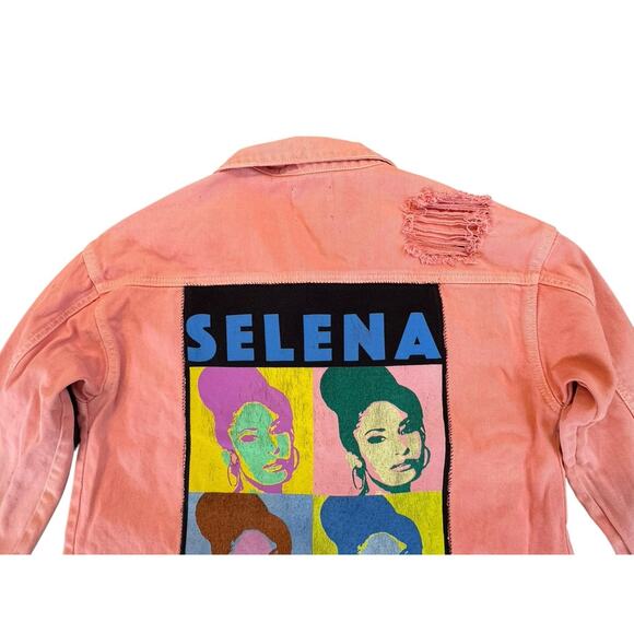 SELENA QUINTANILLA Queen of Tejano Music Upcycled Retro Pink Denim Jacket Size L - Picture 8 of 13